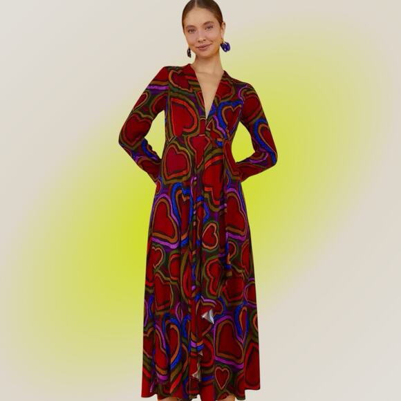 Farm Rio Rainbow Wild Hearts Maxi Dress Womens XS 0 2 Long Sleeve Red - Picture 2 of 16